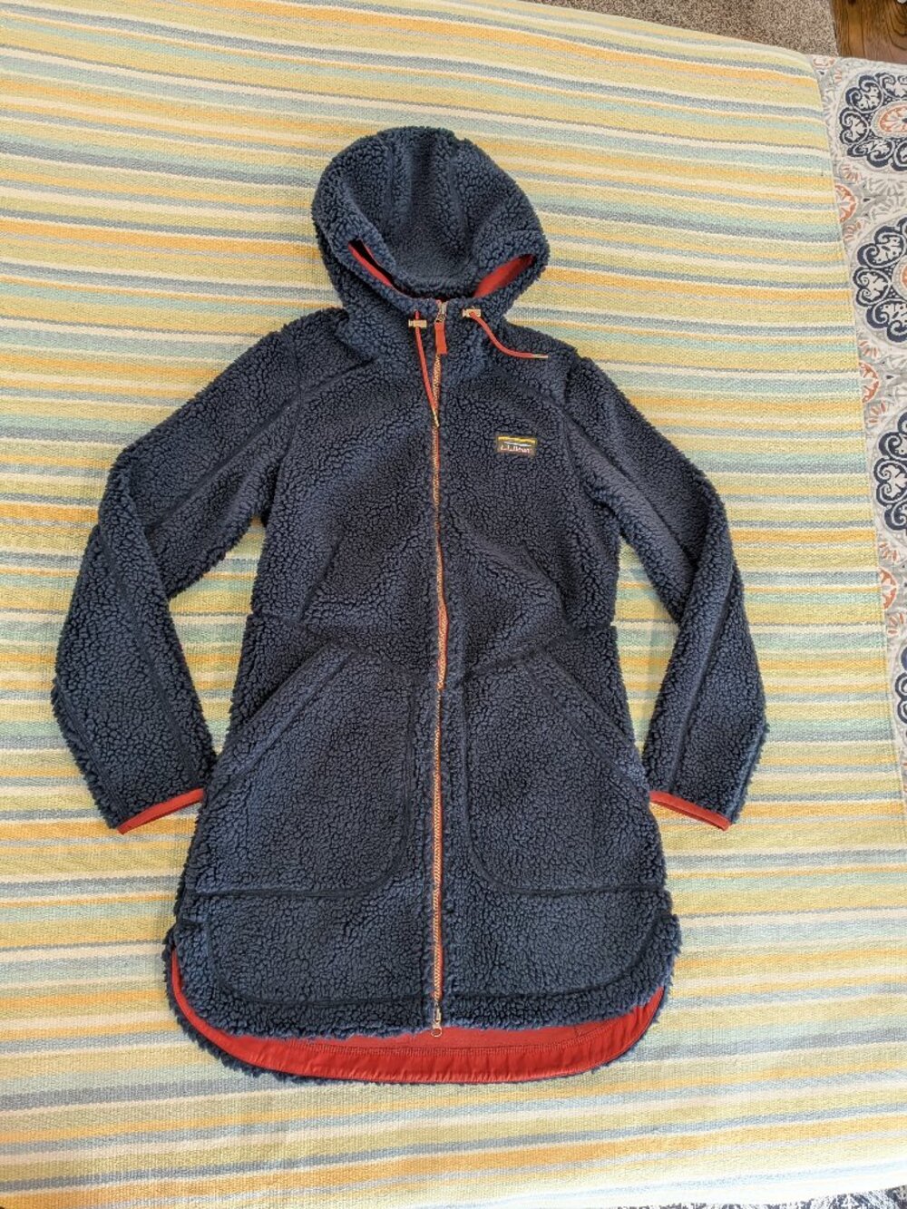NWT L.L.Bean XS Reg Mountain Pile Hooded Sherpa Fleece Winter Coat Navy Rust